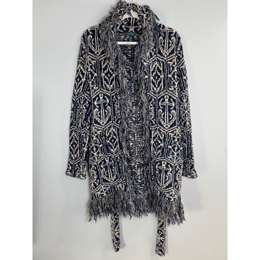 LRL Ralph Lauren Jeans Co Sweater Cardigan Navy Anchor Print Fringe‎ Belted M